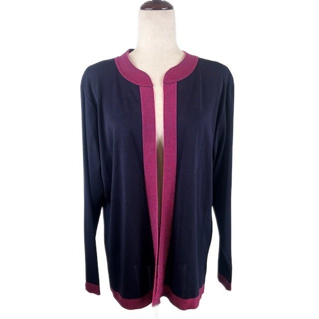 Exclusively Misook Navy Blue Pink Trim Open Cardigan Blazer Sweater Size Large